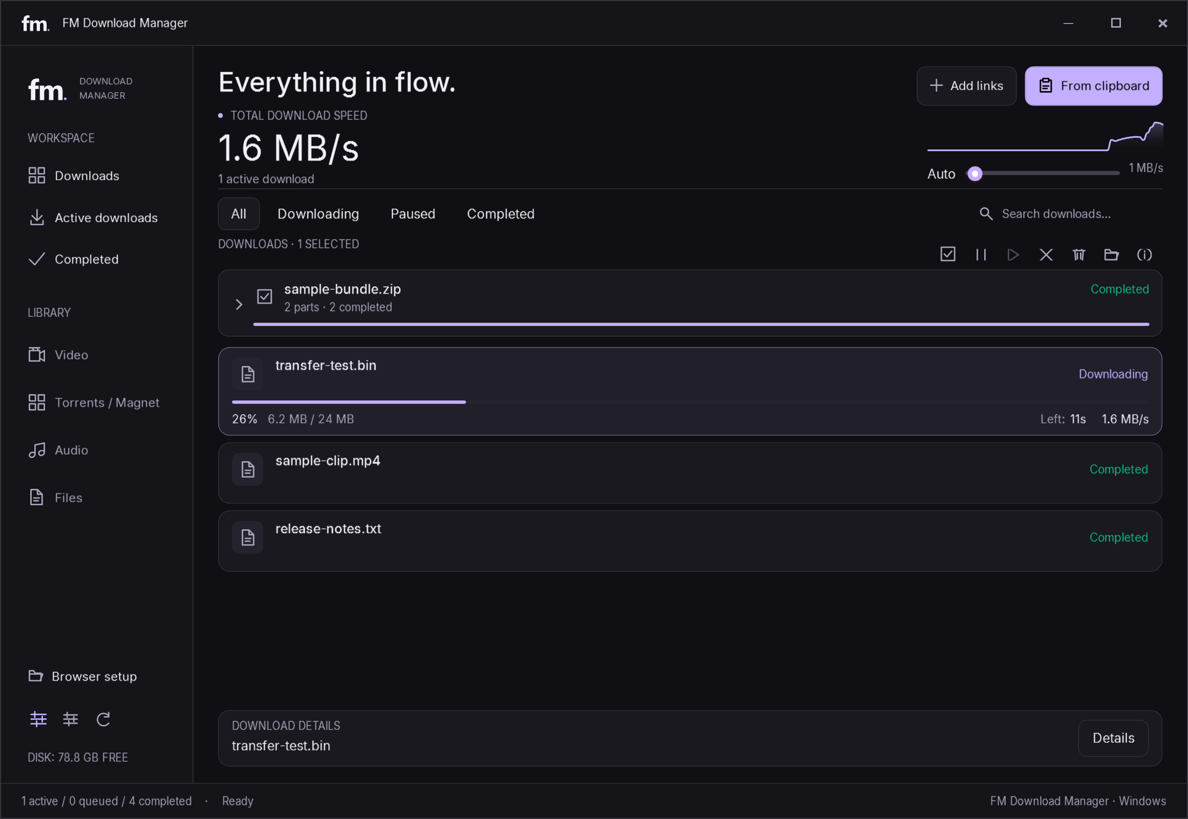 FM Download Manager 1.0.0 indirme kuyruğu ve canlı hız grafiği